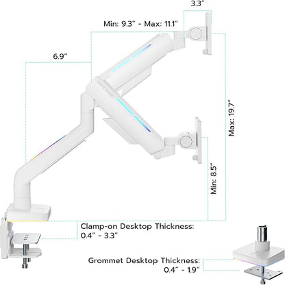 Ultrawide Monitor arm for 17-49'' Heavy Duty Screen up to 44lbs, Gas Spring Single Monitor Arm with RGB Light, Adjustable Gaming Computer Monitor Arm for Desk, White