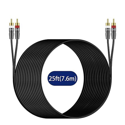 J&D RCA Cable, 2 RCA Male to Male Stereo Audio Cable, Gold-Plated Copper Shell, Heavy Duty, Compatible with Speaker, Amplifier, Subwoofer, 25 Feet