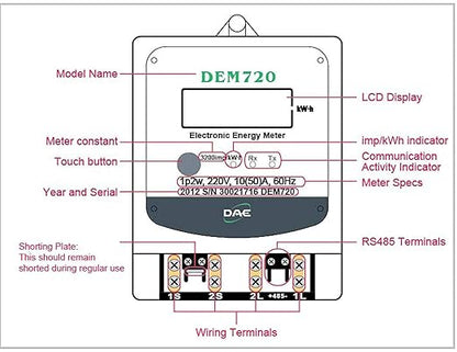 DAE DEM720-1P Electric kWh Submeter, RS485, 1P2W(1 Hot wire, 1 Neutral), 120v, 50A, Internal CT