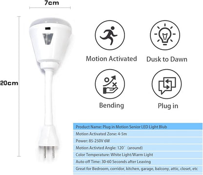 Plug-in Motion Sensor Night Light, LED Infrared Sensor 6W Light, AC 85-265V PIR Motion Detector Bulb (Warm Light, US Plug)