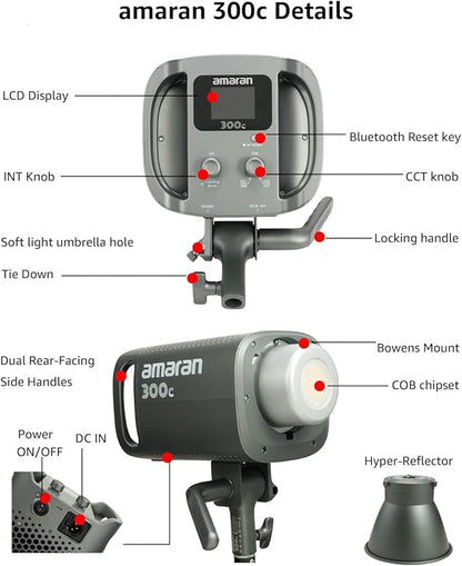 Amaran 300c RGB LED Video Light,Bowen Mount, 2,500K-7,500K CCT with G/M Adjustment, APP Control,Key Light,Studio Light,Photography Lighting (amaran 300c Grey)