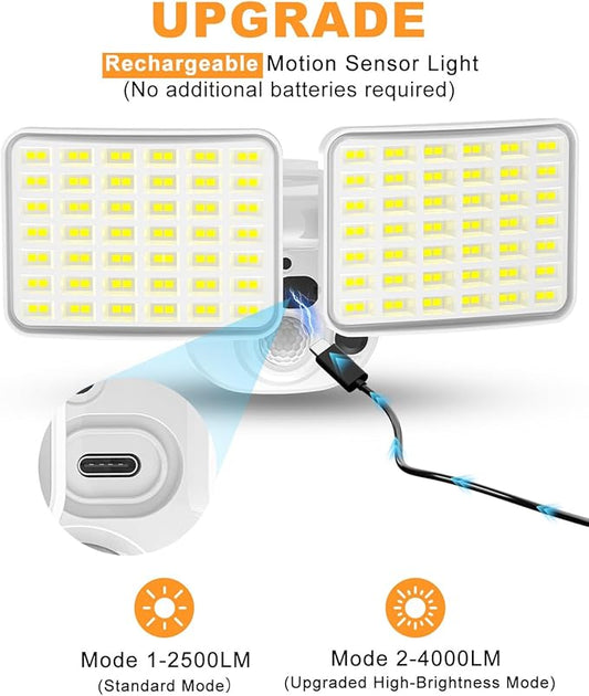 Rechargeable Battery Motion Light, 2500LM & 4000LM Dual Modes Motion Sensor Security Lights, USB Charging Wireless Flood Light Battery Powered, LED Outdoor Lights for Garage,Yard,Porch,Shed(2 Packs)