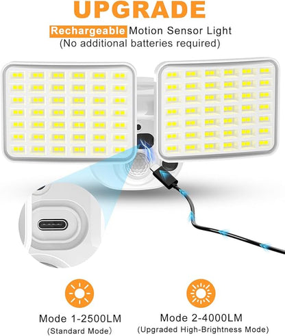 Rechargeable Battery Motion Light, 2500LM & 4000LM Dual Modes Motion Sensor Security Lights, USB Charging Wireless Flood Light Battery Powered, LED Outdoor Lights for Garage,Yard,Porch,Shed, White