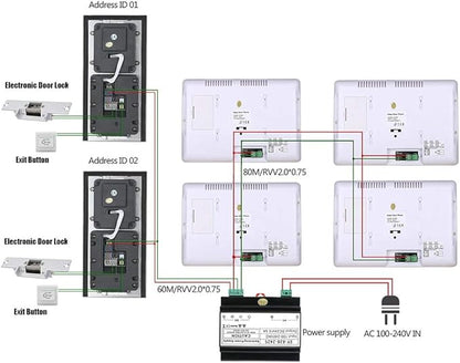 4 Apartment Bus 2 Wire Video Door Phone Intercom Systems 7 Inch Kit for Electronic Door Lock Home Night Vision