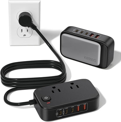 KWRNVO 5FT Travel Power Strip with USB Ports, 7-IN-1 Flat Extension Cord USB C Power Strip with 2500W AC Outlets, 3 USB-C Ports, 2 USB-A Ports Outlet Extender for Home/Office/Travel Essentials