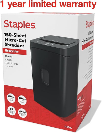 Staples 150-Sheet Micro-Cut Paper Shredder, Autofeed, Anti-Jam, 7.4-Gallon Pull-Out Bin, Black, for Home & Office