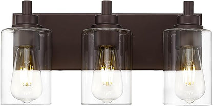 METWET 3-Light Bathroom Light Fixtures, Modern Vanity Light with Cylinder Clear Glass Shade, Vanity Lighting Fixtures Over Mirror, Oil Rubbed Bronze, VL143-ORB-3
