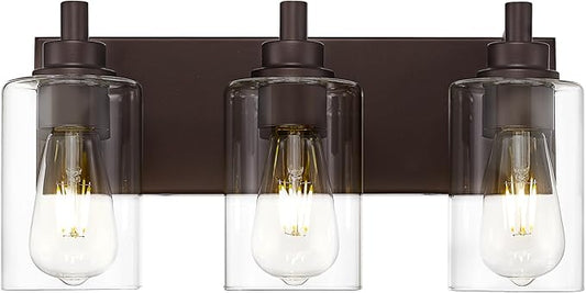 METWET 3-Light Bathroom Light Fixtures, Modern Vanity Light with Cylinder Clear Glass Shade, Vanity Lighting Fixtures Over Mirror, Oil Rubbed Bronze, VL143-ORB-3