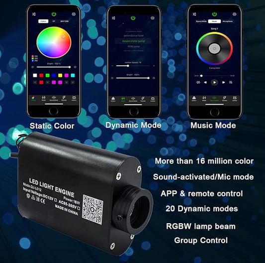 AZIMOM 16W Car Use Sound Activated Fiber Optic Light Box Engine Music Sensor Mode RGBW APP/Remote Control Starlight Engine Driver for Car Indoor Star Lighting Decoration
