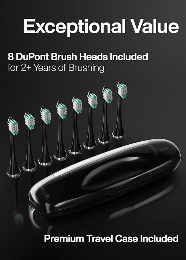 Aquasonic Black Series Ultra Whitening Toothbrush – ADA Accepted Electric Toothbrush- 8 Brush Heads & Travel Case – 40,000 VPM Electric Motor & Wireless Charging - 4 Modes w Smart Timer (Pack of 2)
