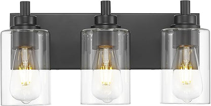METWET 3-Light Bathroom Light Fixtures, Black Vanity Light with Cylinder Clear Glass Shade, Modern Vanity Lighting Fixtures Over Mirror, VL143-MB-3
