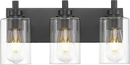 METWET 3-Light Bathroom Light Fixtures, Black Vanity Light with Cylinder Clear Glass Shade, Modern Vanity Lighting Fixtures Over Mirror, VL143-MB-3