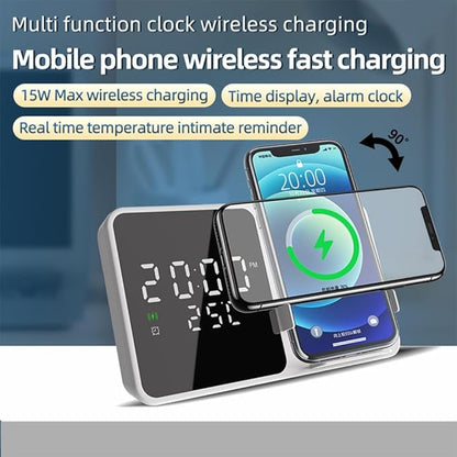 IHAO Multifunctional Alarm Clock with Wireless Charging for Phone 15W Fast Charger Large LED Display Temperature Phone Bracket for Bedside & Desk-W5 White
