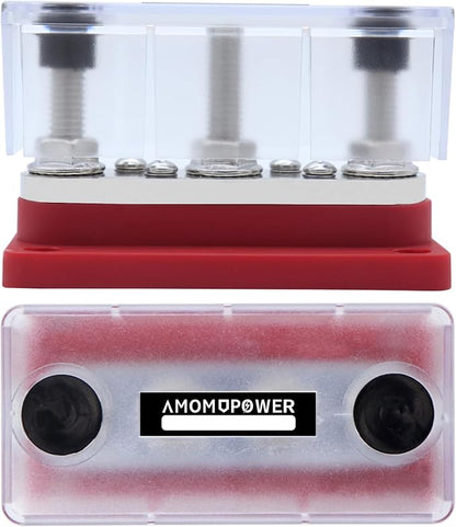 AMOMD 300A Bus Bar 3 Terminal Studs (3/8 inch) M10 4x8#-32 Screws Nickel Plated Copper Distribution Block Negative Electrical Buss Bars 12-48 V DC with Cover for Trailer Marine Boat Car RV (Red)