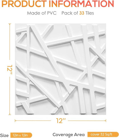 LEVOWAY 33 Pack 3D Wall Panels for Interior Wall Decor, 12''x12'' White Accent Textured Wall Panels, Wall Covering Panles for Living Room, Gaming Room, TV Background, Cover 32 Sq.Ft