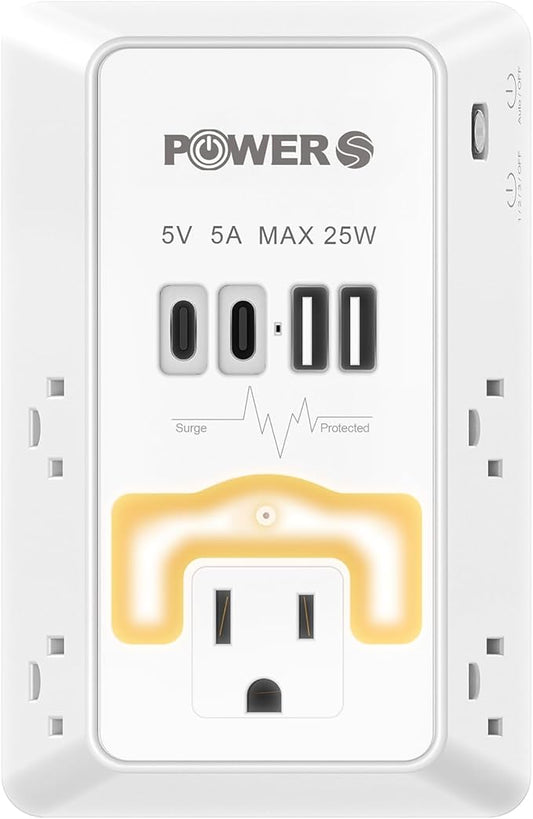 Multi Plug Wall Outlet with USB Ports(2C2A), Snug Wall Outlet with Night Light, Surge Protector, Wall Plug Adapter for Multiple Devices, Wall Socket Expander