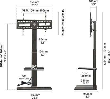 FITUEYES Floor TV Stand for 32-75 inch TV with Power Outlet, Tall TV Stand for Bedroom Living Room with Tempered Glass Base, Floor TV Mount Holds Up to 88lbs MAX VESA 600x400mm,Black