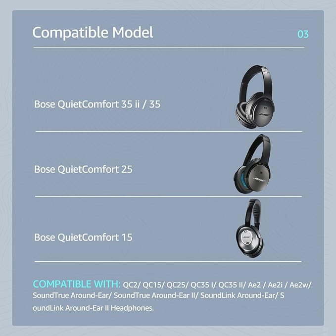 Cooling-Gel QuietComfort 35 / QC35 ii Fabric Replacement Ear Pads for Bose Headphones, Compatible with Bose QC45 QC25 QC2 QC15/ Around-Ear 2 AE2i AE2w/ SoundTrue & SoundLink Series, Blue
