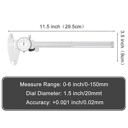 HDLNKAK Dial Caliper 0-6"/150mm Dual Reading Scale, Inch/Metric SAE Standard, Stainless Steel Caliper Measuring Tool Accurate to 0.001”/ 0.02 mm, Silver
