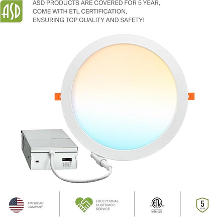 ASD 1 Pack 11/12 Inch LED Recessed Lighting 24W, 5 CCT 2700K-5000K CRI90+, IC Rated Ultra Thin Dimmable Ceiling Lights with J Box, Canless Wafer Downlight, Round Slim Panel Light, UL Listed, White