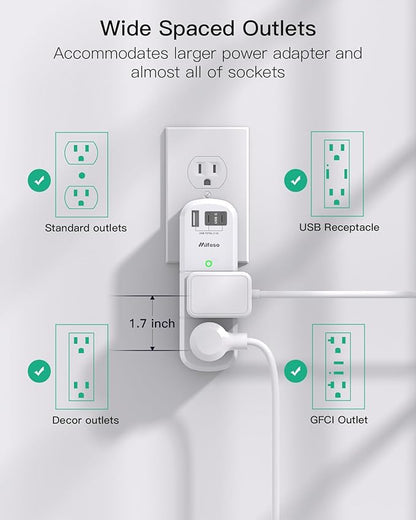 PD30W USB Outlet Extender Surge Protector - with Rotating Plug, 6 AC Multi Plug and 3 USB Ports (2 C), 3-Sided Swivel Power Strip Spaced Splitter for Home, Office, Travel