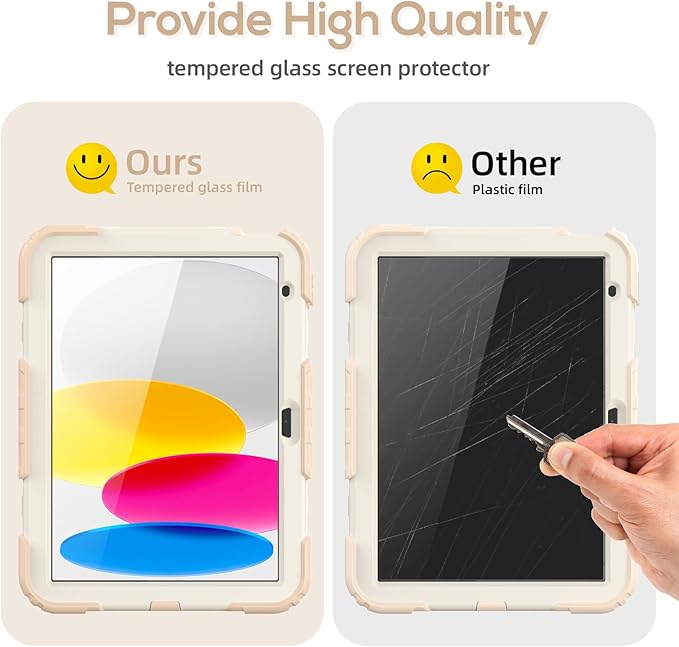 BLOSOMEET Girls Cute Case for iPad A16 11th/10th Generation 11''/10.9'' 2025/2022 with Tempered Glass Screen Protector, KidsProof iPad 11th/10th Gen Cover with Handle Shoulder Strap, Rosegold