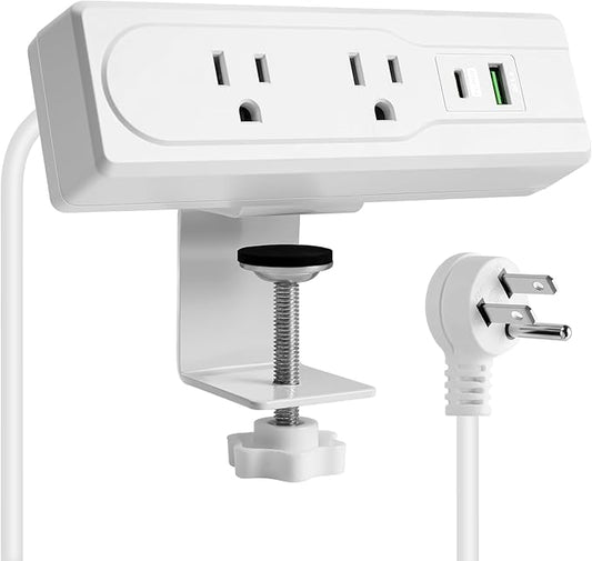 Desk Clamp Power Strip with 6 Feet Extension Cord,45 Degree 3-Prong Thin Flat Plug, 2 Widely Spaced AC Outlets,2 USB Port (20W PD USB-C & 18W QC3.0 USB-A) Desk Edge Mount Power Strip,16AWG, ETL Listed