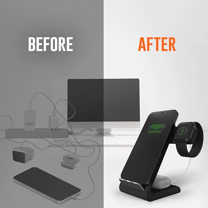 STM ChargeTree Swing 3-in-1 Wireless Charging Station for iPhone/Samsung/Android (15W/7.5W), AirPods (5W), Apple Watch (3W). Qi-Certified Stand- Black