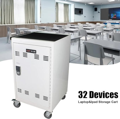30-Device Mobile Charging Cart with Power Strip, Locks, Cable Management, Up to 16.3" Safe Charging Cabinet for Chromebooks, Tablets, Laptops. White with Code Lock