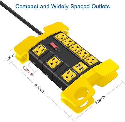 Heavy Duty Power Strip with USB, Workshop 8 Outlet Surge Protector 2700 Joules, Industrial Metal 15Amp Power Strip, 10 FT Extension Cord and Wide Spaced Black.