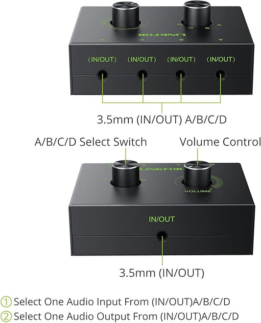 LiNKFOR 4 Port 3.5mm Stereo Audio Switch, 4 Way Stereo Audio Selector, 4 Input 1 Output / 1 Input 4 Output Audio Splitter with Volume Control and 4 Channel Switch Knob