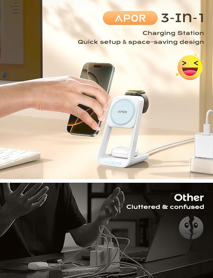 Apor 3 in 1 Charging Station for iPhone, Magsafe Wireless Charger with Cooling Fan for iPhone 17 16e 16 15 14 13 12 Series & Apple Watch Charger, Wireless Charging Station for AirPods 4/3/Pro (White)