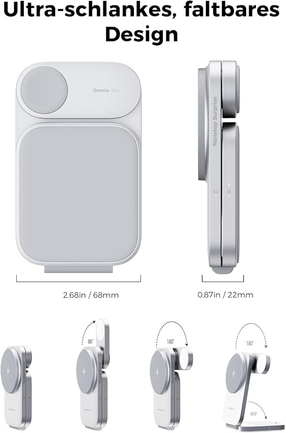 MagFusion Z 3-in-1 Charging Station Compatible with MagSafe, Qi2 Certified 15W Wireless Foldable Charger, for iPhone 16/15/14/13/12, AirPods 4/3/2/Pro, Apple Watch Charger, Silver