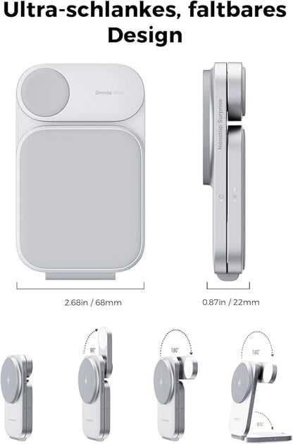 MagFusion Z 3-in-1 Charging Station Compatible with MagSafe, Qi2 Certified 15W Wireless Foldable Charger, for iPhone 16/15/14/13/12, AirPods 4/3/2/Pro, Apple Watch Charger, Silver