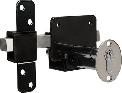 GateMate Long Throw Gate Lock, Euro Profile Keyed Both Sides Gate Lock for Sheds, Gates & Garage Doors, 316 Stainless Steel, for Wooden Gates & Doors Up to 2” Thick (50mm), Black, 5 Keys