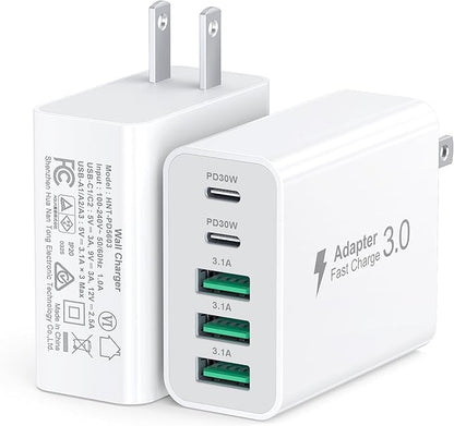 60W Fast Charger Block,2-Pack USB C Wall Charger,5-Port Dual 30W PD Charging Adapter+QC 3.0 Wall Plug Multiport Total power 60W Type C Charging Cube Brick For iPhone 17/16/15/14/13/Pro Max,iPad,Galaxy