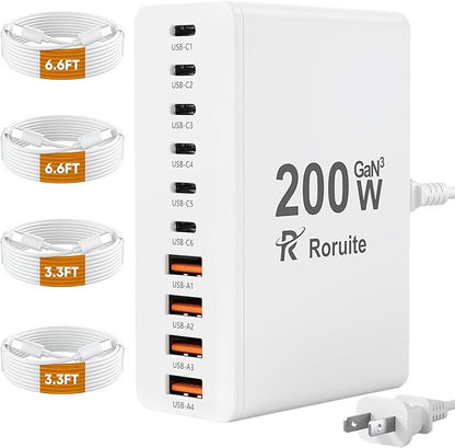 USB C Charging Station 10 Port with 4 USB Cables, 200W GaN Type C Charger Block, Wall Charger Power Strip Adapter Plug for iPad iPhone17 16 15 14 13 12 Pro Max Pixel Note Galaxy
