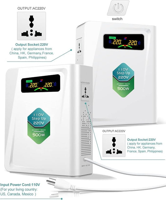 Voltage Converter 110 to 220 Step Up Transformer 500W, No Noise, Ten Protection Functions, CE & CQC Certified ，Using 220V Asia Euro Appliance in US