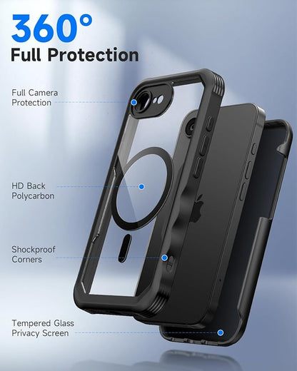 seacosmo for iPhone 16e Case, Full Body Bumper with Built-in 9H Tempered Glass Privacy Screen Protector and Camera Lens Protection, Compatible with MagSafe, Shockproof 16 e Phone Case, 6.1", Black