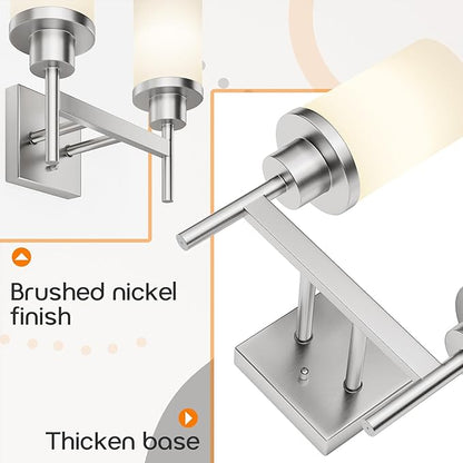AONEON Bathroom Light Fixtures Brushed Nickel Vanity Lights with White Frosted Glass Shade, Double Wall Lamps for Mirror Kitchen Living Room Porch T001BR-L2