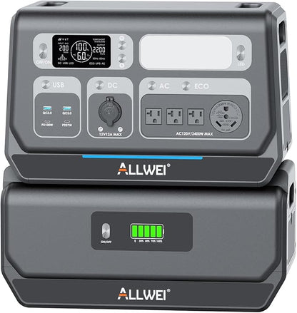 ALLWEI 2400W Portable Power Station with a B200 PRO Expansion Battery, 4096Wh LiFePO4 Battery 4 AC Outlets Up to 2400W for Home, Outdoor Camping, RV, With 1500W AC Charging &1200W Solar Charging
