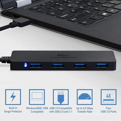 Kingwin USB Hub 4 Port USB 3.0 Data Hub for Mobile SSD, MacBook, Mac Pro/ Mini, iMac, Chromebook, Surface Pro, USB Flash Drives, Notebook PC, XPS, and More [Ultra Slim]