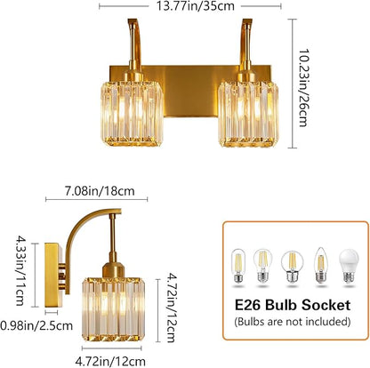FDPBY Crystal Vanity Lights 2-Light Gold Wall Lamp Modern Crystal Bathroom Light Fixtures Over Mirror 13.77" Long Bathroom Wall Sconce