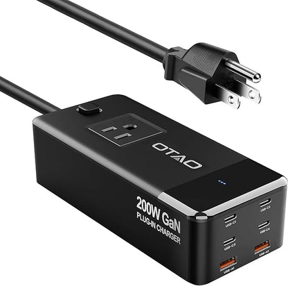200W Power Station, 7-in-1 GaN Fasting Charging Station USB C Charger Power Strip with AC Adapter for MacBook Laptops iPhone iPad, 4 USB-C+2 USB-A Ports+1 AC Outlets Desktop Accessory for Home Office