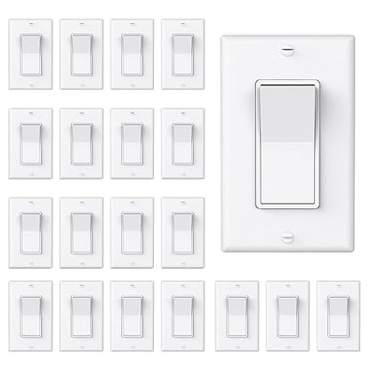 ThunderWay 3 Way Decorator Light Switch with Wall Plates, 15A 120/277V Decora Three Way Electrical Wall Paddle Rocker Switches Replacement, Residential Grade, UL Listed, Glossy White(20 Pack)