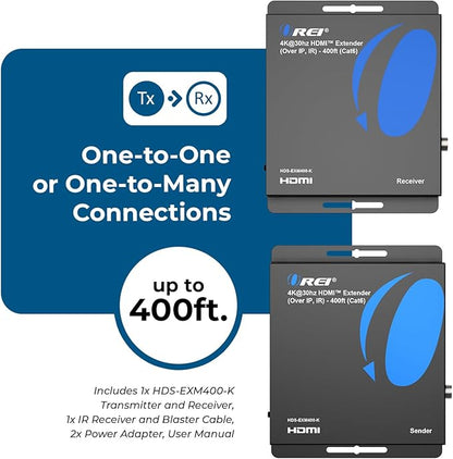 OREI 4K HDMI Extender Over IP CAT6-4K@30Hz One to Many Upto 400 Feet, Loop Out - Send to Multiple Location Over 1G Switch (HDS-EXM400-K)