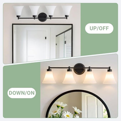 LOUSACE 4 Light Bathroom Vanity Light Matte Black Bathroom Lighting Fixtures Over Mirror with Opal White Frosted Glass Shade, Vintage Traditional Wall Lighting Fixture Vanity Lights for Bedroom
