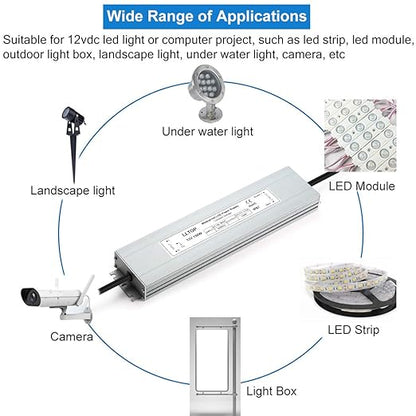 LED Power Supply 150 Watts LLTOP Waterproof IP67 LED Driver 100-264V AC to 12V DC 12.5A Low Voltage Transformer Converter Ultra Slim Power Adapter for Indoor Outdoor LED Lights
