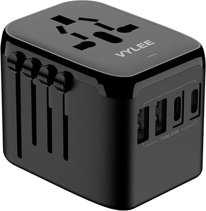 Universal International Power Travel Plug Adapter, 5 in 1 European Travel Plug Adapter W/ 3.5A 2xUSB-A and 2xUSB C Wall Charger and Worldwide AC Outlet for Europe USA UK AUS Asia