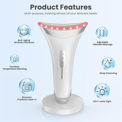 7 Color Light Face and Neck Massager Tool of Double Chin Reducer, Facial Massager with Adjustable Vibration and Thermals for Wrinkles Face Sculpting Tool with Base (White)